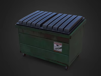 Green Trash Bin With Black Slatted Lid Warning Label And Wheels 3d model