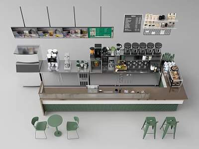 Modern Bar Interior With Coffee Machine Equipment Countertop Shelves And Green Bar Stools 3d model