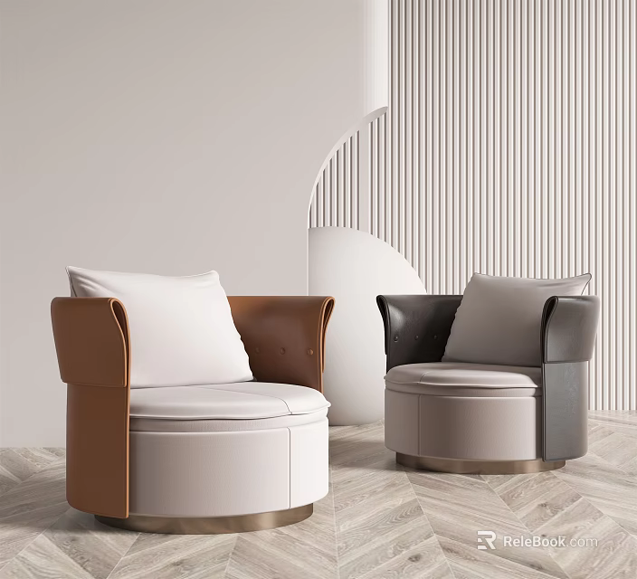 Modern Single Sofa Leather Brown White Black Grey Round Base Vertical Striped Wall Wooden Floor 3d model 