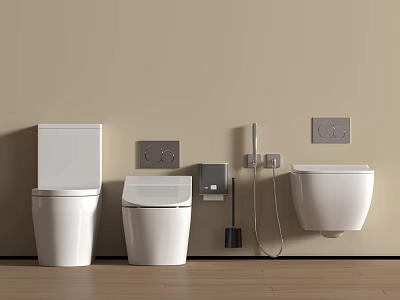 Modern White Floor Mounted And Wall Hung Toilets With Bidet Spray And Control Panels 3d model