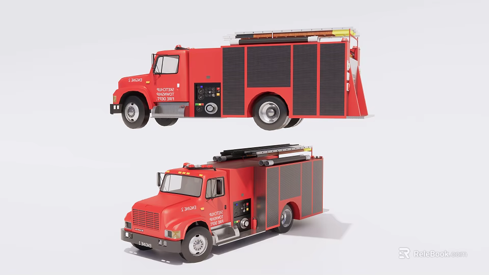 Red Fire Department Functional Vehicle With Ladder And Emergency Equipment 3d model 