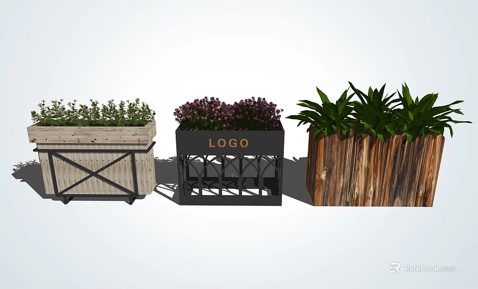 Decorative Flower Planters With Wooden Metal Designs And Colorful Flowers Green Plants 3d model 