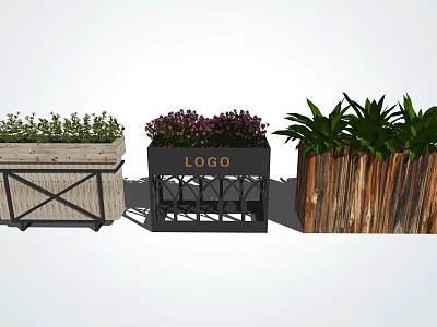 Decorative Flower Planters With Wooden Metal Designs And Colorful Flowers Green Plants 3d model