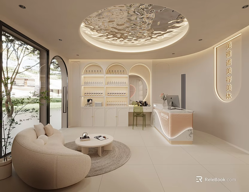 Modern Beauty Salon Interior Design With Elegant Reception Area And Product Shelves 3d model 
