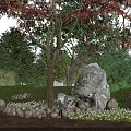 Garden with Lush Green Shrubs Red Leaf Trees Large Rock Small Stones and White Flowers