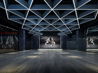 Modern Fitness Gym Interior With Spacious Workout Area And Geometric LED Lighting 3d model