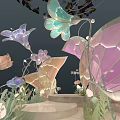 Spring Themed Decorative Installation With Butterflies Flowers Cranes And Illuminated Steps