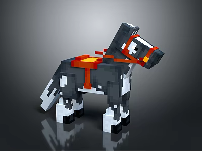 Pixel Art Horse Character Featuring Black White Gray Fur And Red Saddle Decoration 3d model