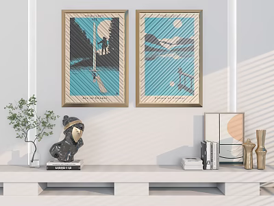 Two Framed Decorative Paintings With Living Room Shelf Decorations And Green Plant 3d model