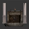 Ancient Stone Fireplace Architecture With Ornate Pillars And Decorative Pots 3d model
