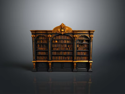 Antique Wooden Bookcase With Ornate Gold Accents Detailed Carvings And Multiple Shelves 3d model