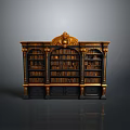 Antique Wooden Bookcase With Ornate Gold Accents Detailed Carvings And Multiple Shelves