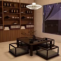 Japanese Style Interior With Wooden Tea Tables Chairs Bookshelves And Hanging Lamps