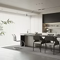 Modern Restaurant Interior With Black And White Cabinets Island Counter Chairs Plant And Blinds