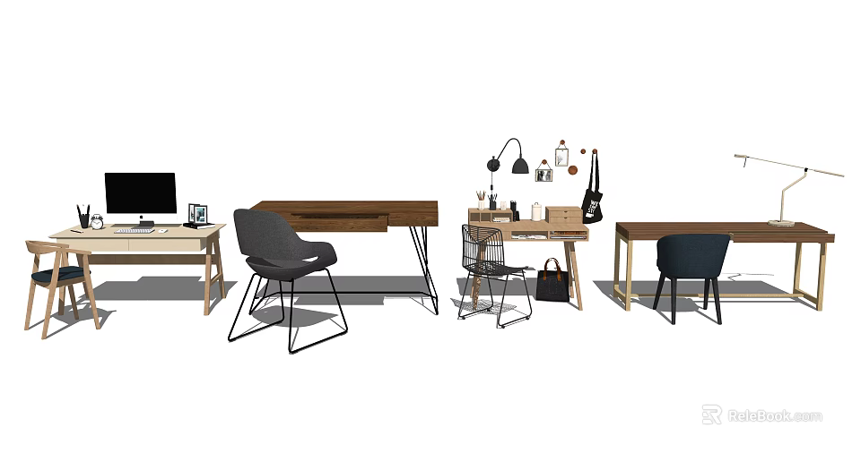 Modern Home Office Multiple Desks With Chairs Table Lamps And Storage 3d model