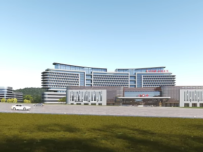 Modern Hospital Building Exterior With Spacious Plaza Entrance And Green Surroundings 3d model