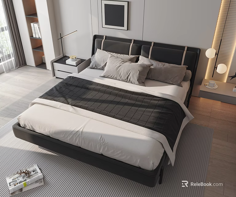 Modern Double Bed With Black Headboard Gray Pillows White Sheets And Nightstand Lamp 3d model 