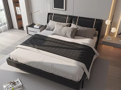 Modern Double Bed With Black Headboard Gray Pillows White Sheets And Nightstand Lamp 3d model