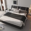 Modern Double Bed With Black Headboard Gray Pillows White Sheets And Nightstand Lamp