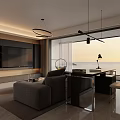 Modern Living and Dining Room Interior With Sea View Sofa Coffee Table And Hanging Chair