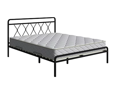 Modern Double Bed With Black Metal Frame And Gray Quilted Mattress 3d model