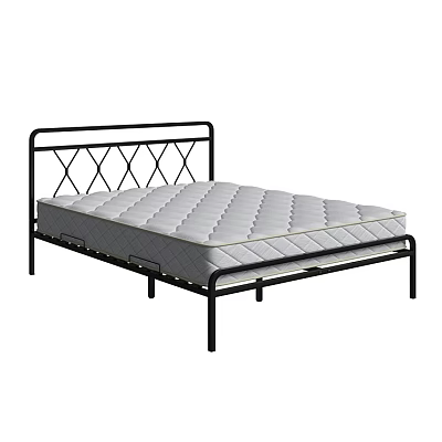 Modern Double Bed With Black Metal Frame And Gray Quilted Mattress 3d model