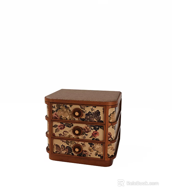 Retro Solid Wood Bedside Table With Floral Printed Fabric Three Drawers For Bedroom Storage 3d model 