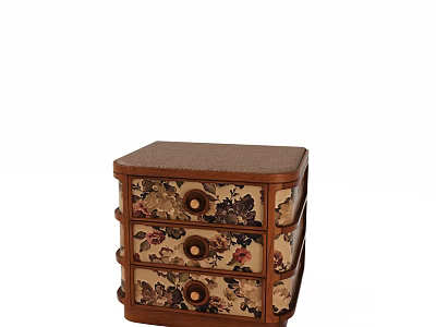 Retro Solid Wood Bedside Table With Floral Printed Fabric Three Drawers For Bedroom Storage 3d model