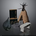 Decorative Interior Scene With Dark Cabinet Teepee Structure Boat Decoration Gray Stool And White Bench