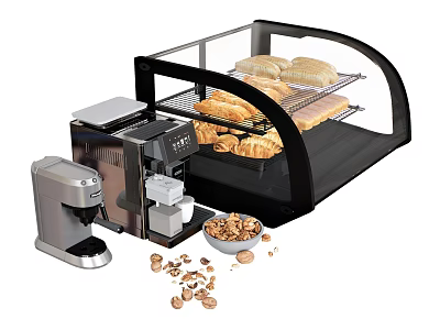 Modern Kitchen Appliances Including Coffee Machine Glass Display Case With Bread Croissants And Nuts 3d model