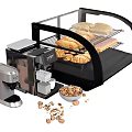 Modern Kitchen Appliances Including Coffee Machine Glass Display Case With Bread Croissants And Nuts