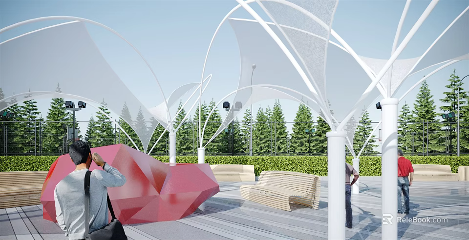 Tensile Membrane Architectural Structure With White Support Columns Green Trees And Outdoor Seating 3d model 