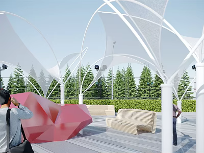 Tensile Membrane Architectural Structure With White Support Columns Green Trees And Outdoor Seating 3d model