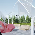 Tensile Membrane Architectural Structure With White Support Columns Green Trees And Outdoor Seating