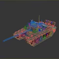 Military Tank With Blue Stripes And Red Lights On Gray Background