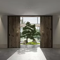 Shop Front Desk With Wooden Door Stone Pillars Decorative Flowers Gray Tile Floor And Downlights