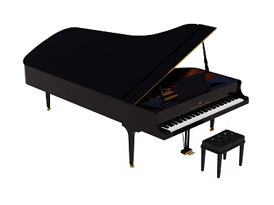 Elegant Black Grand Piano With Open Lid And Wooden Stool For Music 3d model