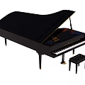 Elegant Black Grand Piano With Open Lid And Wooden Stool For Music