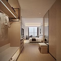 Hotel Guest Room Modern Wooden Interior With TV Bed Window Curtains Sofa Chair And Rug