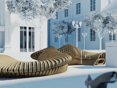 Wooden Curved Landscape Seating in Modern Building Courtyard with Trees and Street Lamps 3d model