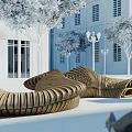 Wooden Curved Landscape Seating in Modern Building Courtyard with Trees and Street Lamps