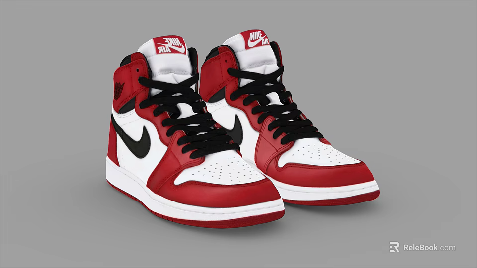 Stylish Nike High Top Red White Black Sneakers with Black Laces and White Sole 3d model 