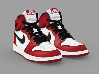 Stylish Nike High Top Red White Black Sneakers with Black Laces and White Sole 3d model