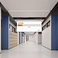Spacious Bright Elevator Hallway With Blue And White Walls Lockers Along Walls And Ceiling Lights