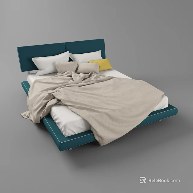 Modern Double Bed Design With Dark Green Headboard White Grey Yellow Pillows And Beige Blanket 3d model 