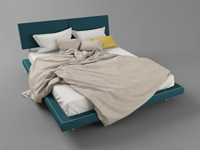 Modern Double Bed Design With Dark Green Headboard White Grey Yellow Pillows And Beige Blanket 3d model