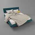 Modern Double Bed Design With Dark Green Headboard White Grey Yellow Pillows And Beige Blanket