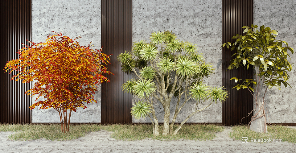 Red Leaved and Green Leafy Shrubs by Gray Wall with Dark Wooden Pillars 3d model 