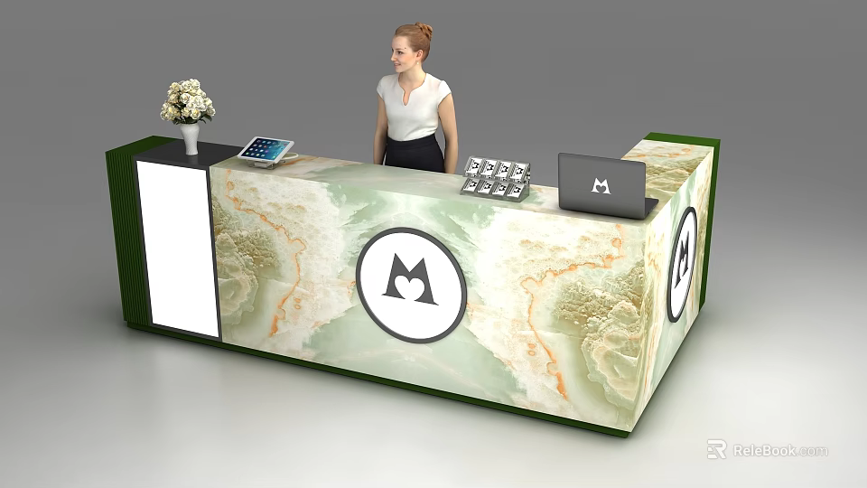 Elegant Reception Desk with Marble Pattern Tablet Vase Laptop Logo and Staff Member 3d model 