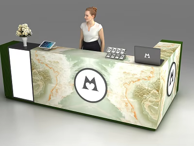 Elegant Reception Desk with Marble Pattern Tablet Vase Laptop Logo and Staff Member 3d model
